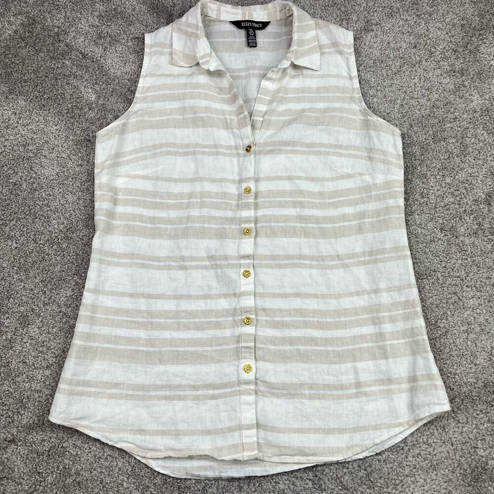 Ellen Tracy 100% Linen cream/tan striped button up tank size m